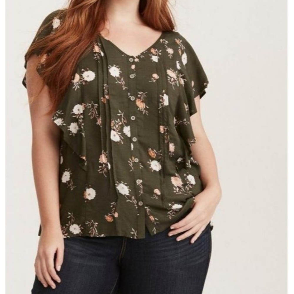 Torrid Olive Green Floral Print Blouse
